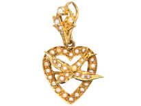Edwardian 15ct Gold Heart & Swallow Pendant Set With Natural Split Pearls