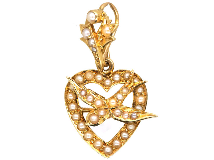 Edwardian 15ct Gold Heart & Swallow Pendant Set With Natural Split Pearls