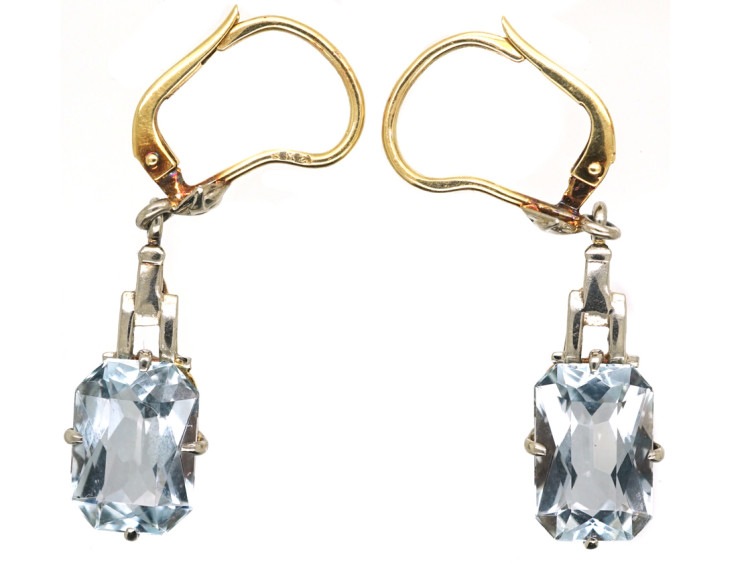 Art Deco 14ct White & Yellow Gold Drop Earrings Set With Aquamarines