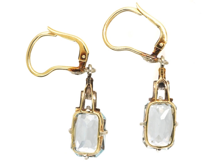 Art Deco 14ct White & Yellow Gold Drop Earrings Set With Aquamarines