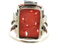 Art Deco Silver, Carved Coral & Onyx & Diamond Ring