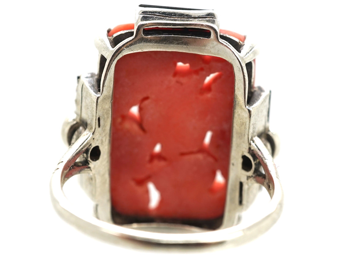 Art Deco Silver, Carved Coral & Onyx & Diamond Ring (32L) | The Antique ...