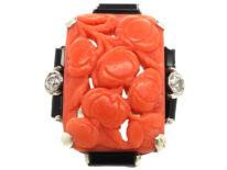 Art Deco Silver, Carved Coral & Onyx & Diamond Ring