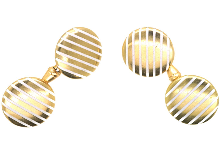 Art Deco 18ct Gold & White Enamel Stripe Cufflinks