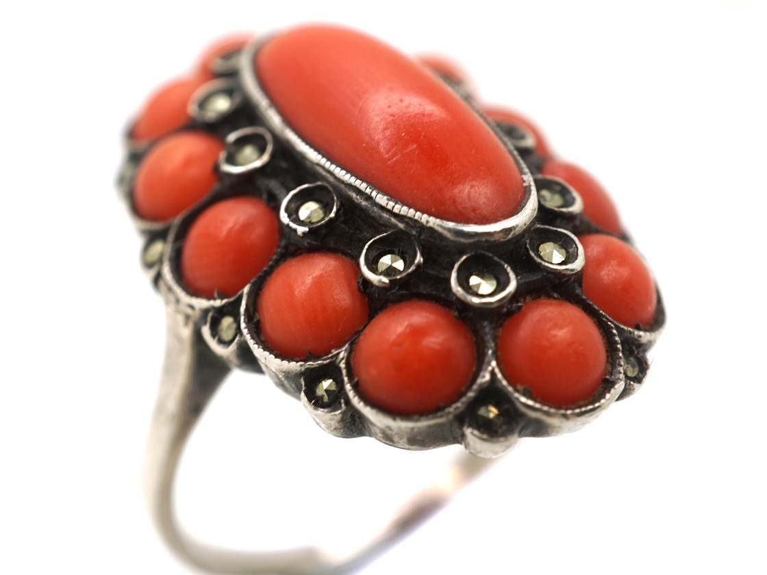 Art Deco Silver, Coral & Marcasite Ring (362L) | The Antique Jewellery ...