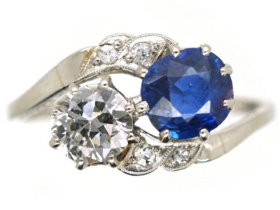 Art Deco 18ct White Gold, Sapphire & Diamond Crossover Ring