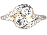 Edwardian 14ct Gold & Platinum, Two Stone Diamond Crossover Ring With Diamond Set Split Shoulders