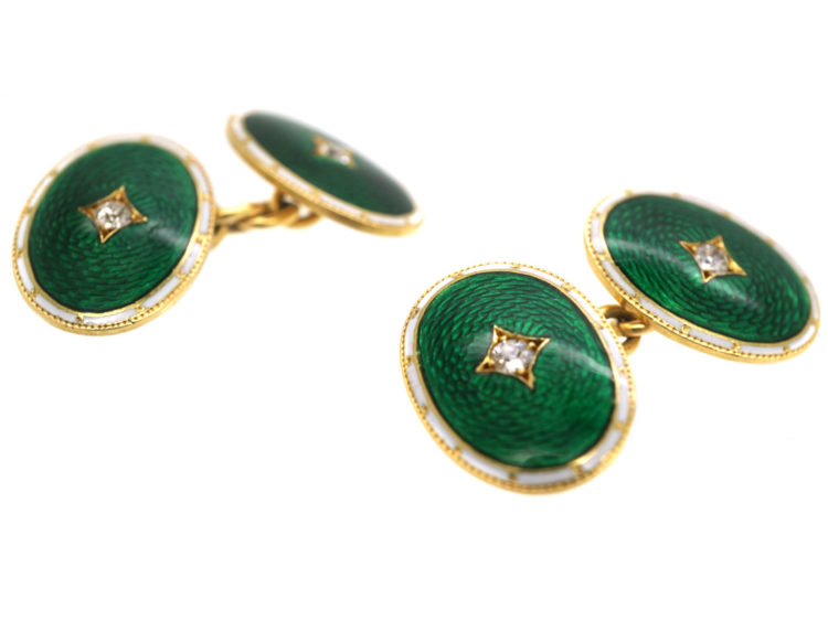 Edwardian 18ct Gold, Green & White Enamel Oval Cufflinks Set With Diamonds