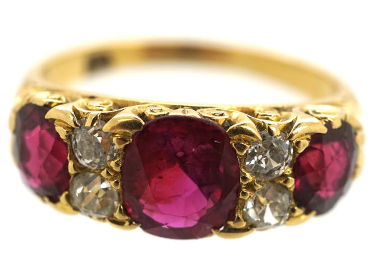 Victorian 18ct Gold, Ruby & Diamond Three Stone Carved Half Hoop Ring