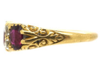 Victorian 18ct Gold, Ruby & Diamond Three Stone Carved Half Hoop Ring