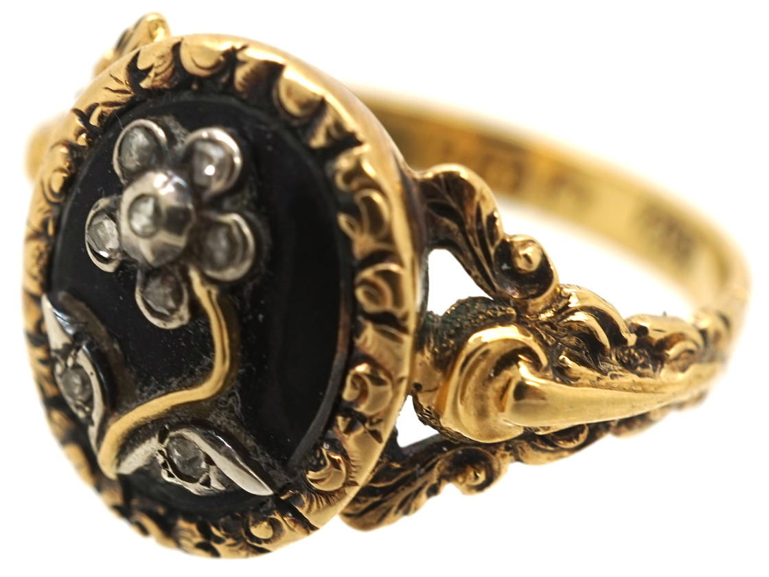 18ct Gold, Black Enamel & Rose Diamond Pense à Moi Mourning Ring (289L ...