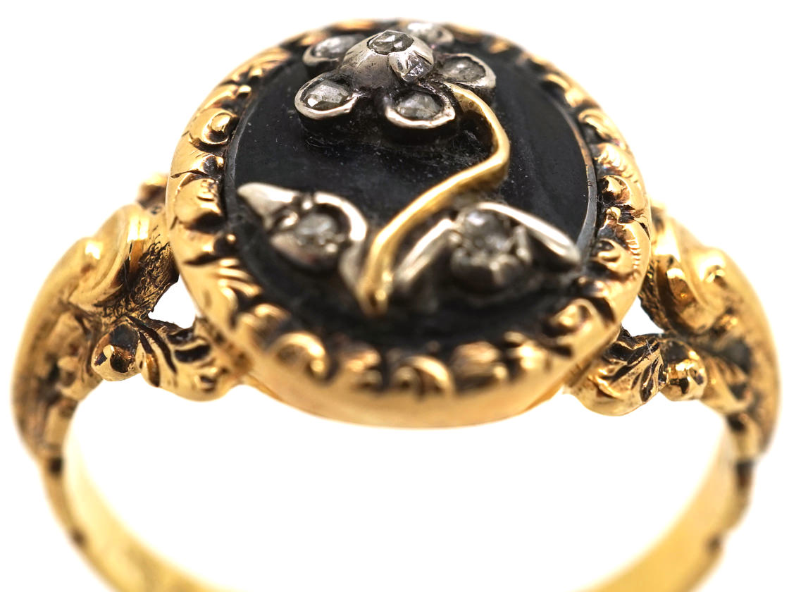 18ct Gold, Black Enamel & Rose Diamond Pense à Moi Mourning Ring (289L ...