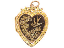 Edwardian Heart Shaped 9ct Gold Locket With Swallow & Flowers Motif