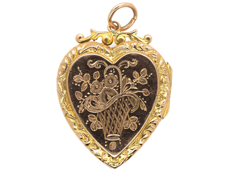 Edwardian Heart Shaped 9ct Gold Locket With Swallow & Flowers Motif