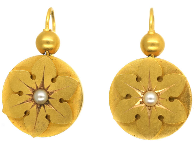 Victorian 15ct Gold Flower Earrings Set With Natural Split Pearls