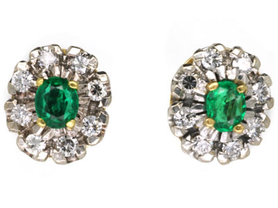 18ct White & Yellow Gold, Emerald & Diamond Cluster Earrings