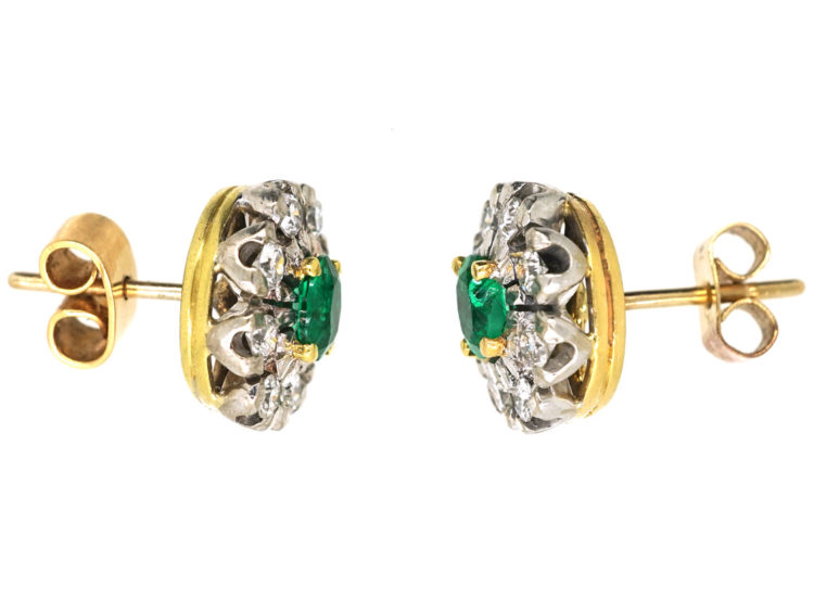 18ct White & Yellow Gold, Emerald & Diamond Cluster Earrings