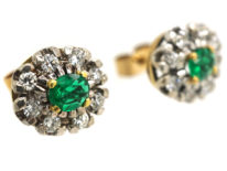 18ct White & Yellow Gold, Emerald & Diamond Cluster Earrings