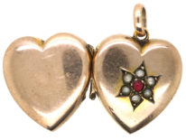 Edwardian 9ct Gold Heart Locket with Star Design Set With a Garnet and Natural Split Pearls