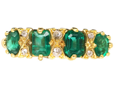 Victorian 18ct Gold, Four Stone Emerald & Diamond Carved Half Hoop Ring