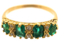 Victorian 18ct Gold, Four Stone Emerald & Diamond Carved Half Hoop Ring
