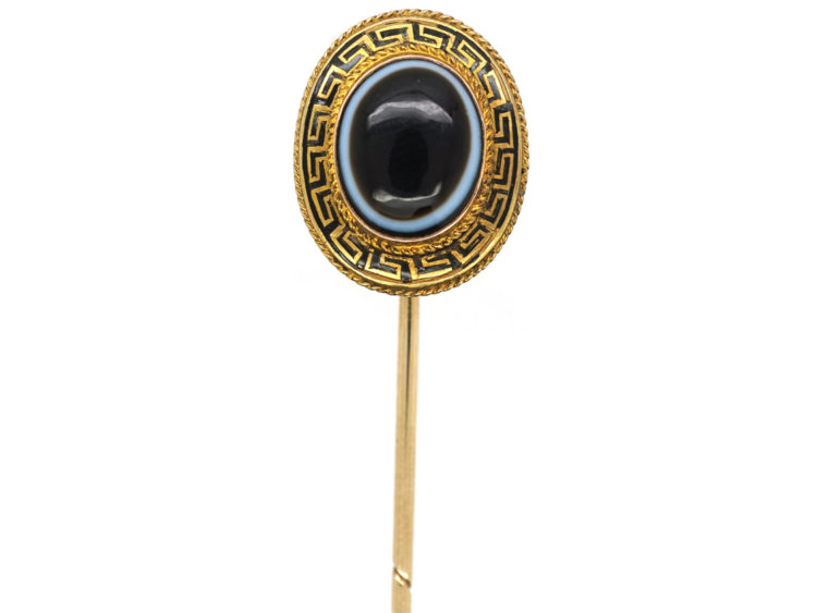Victorian 18ct Gold Banded Sardonyx & Black Enamel Oval Tie Pin
