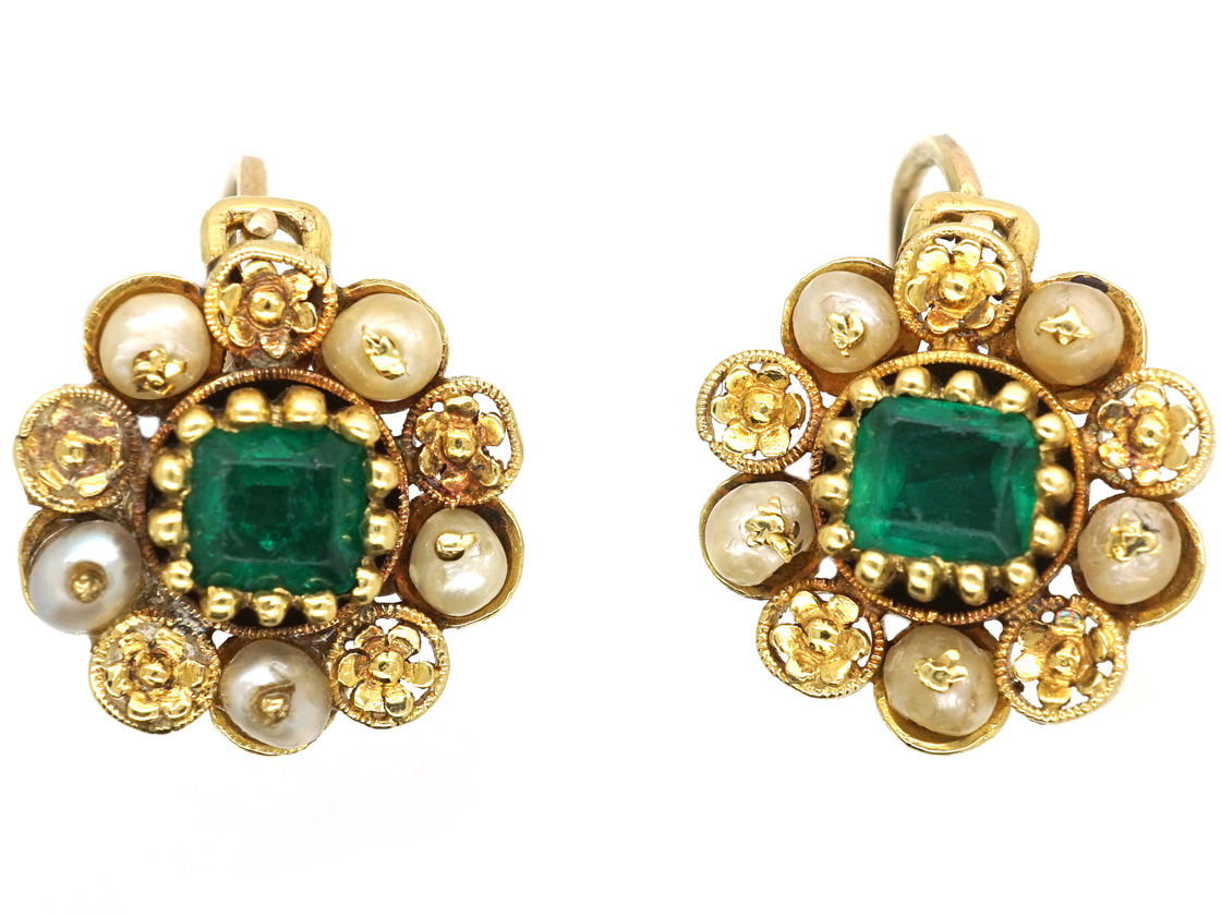 Georgian 18ct Gold, Emerald & Pearl Cluster Earrings (422L) | The ...