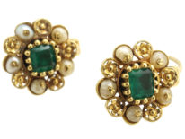 Georgian 18ct Gold, Emerald & Pearl Cluster Earrings