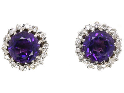 9ct White Gold, Amethyst & Diamond Cluster Earrings