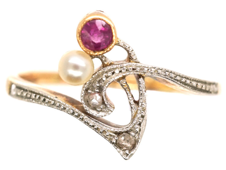 Art Nouveau 14ct Gold & Platinum, Ruby, Pearl & Diamond Flower Sprig Ring