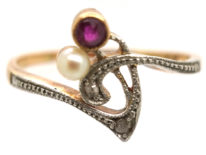 Art Nouveau 14ct Gold & Platinum, Ruby, Pearl & Diamond Flower Sprig Ring