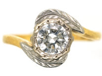 Art Deco 18ct Gold & Platinum Diamond Solitaire Ring With Leaf Detail