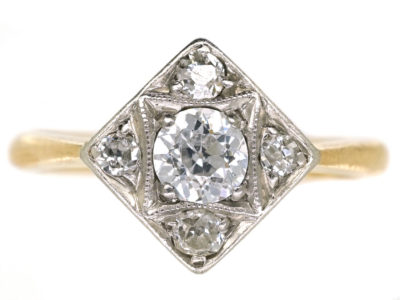 Art Deco 18ct Gold & Platinum, Diamond Shaped Ring Set With Diamonds