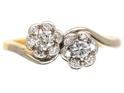 18ct Gold & Platinum Double Cluster Crossover Diamond Ring