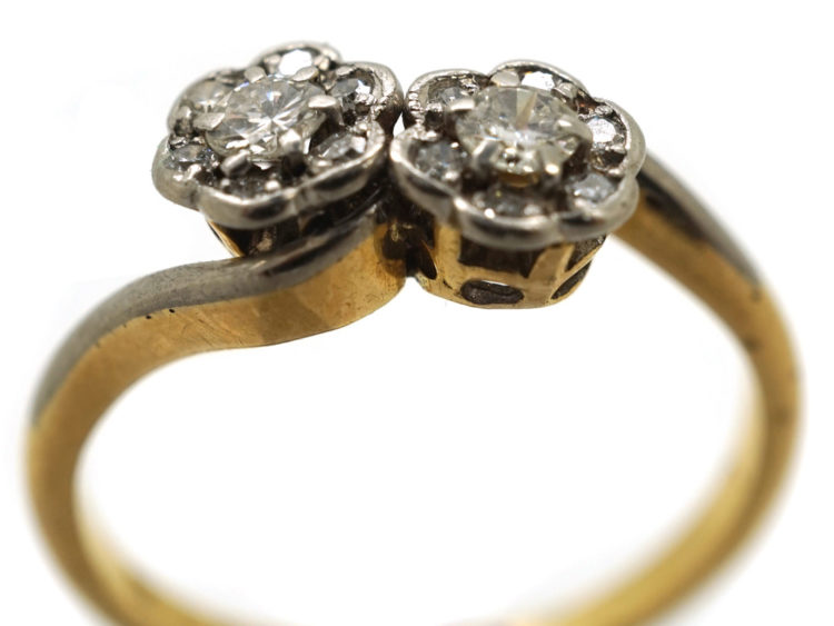 18ct Gold & Platinum Double Cluster Crossover Diamond Ring