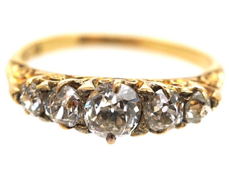 Victorian 18ct Gold Five Stone Diamond Carved Half Hoop Ring