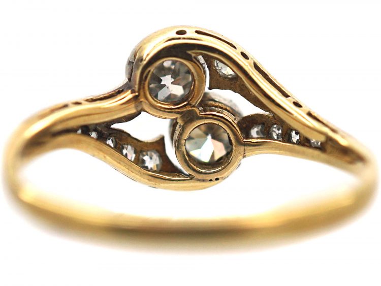 Edwardian 14ct Gold & Platinum, Two Stone Diamond Crossover Ring With Diamond Set Split Shoulders