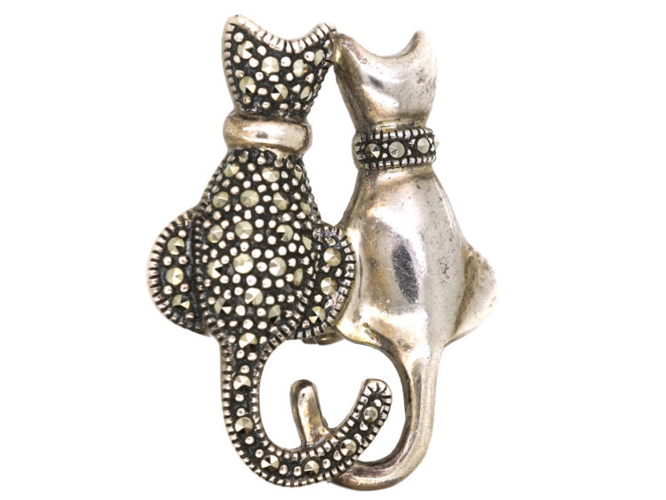 Two Cats Silver & Marcasite Brooch