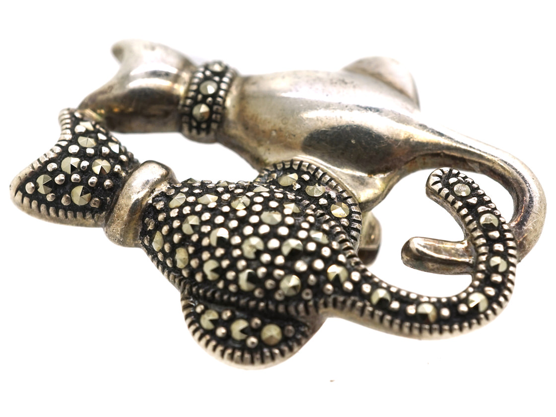 Two Cats Silver & Marcasite Brooch (923L) | The Antique Jewellery Company