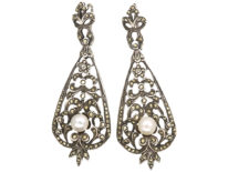 Art Deco Silver, Marcasite & Pearl Drop Earrings