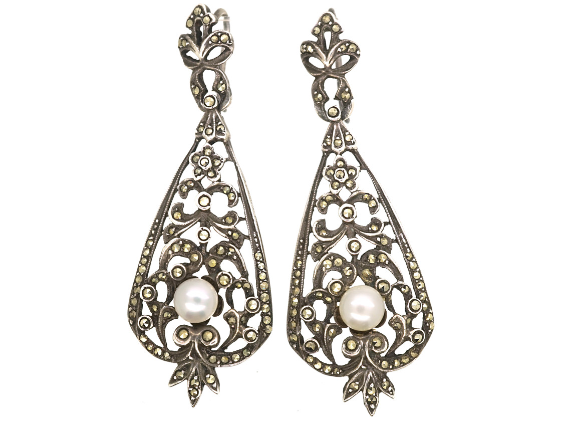 Art Deco Silver, Marcasite & Pearl Drop Earrings (741L) | The Antique ...