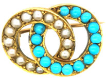Edwardian 15ct Gold Turquoise & Natural Split Pearl Love Brooch