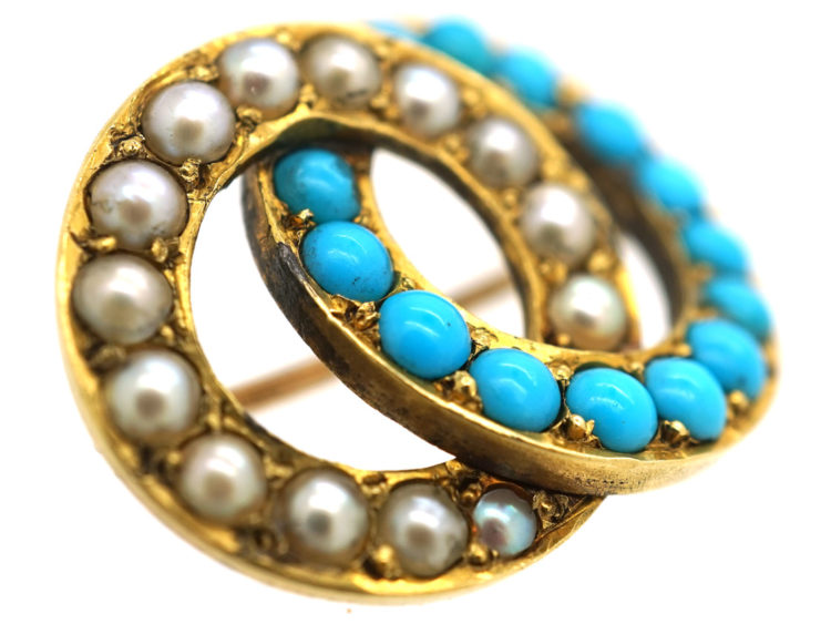 Edwardian 15ct Gold Turquoise & Natural Split Pearl Love Brooch