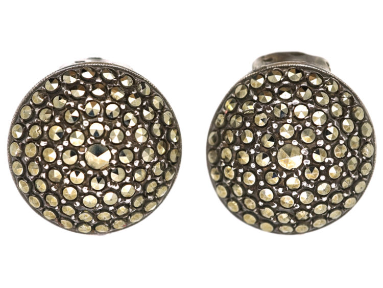 Art Deco Round Silver Clip On Earrings Set With Marcasite