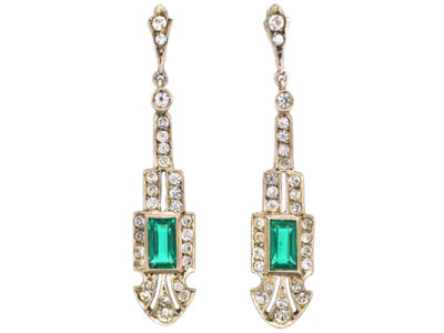 Art Deco Silver & Green & White Paste Drop Earrings
