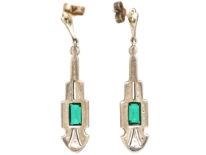 Art Deco Silver & Green & White Paste Drop Earrings