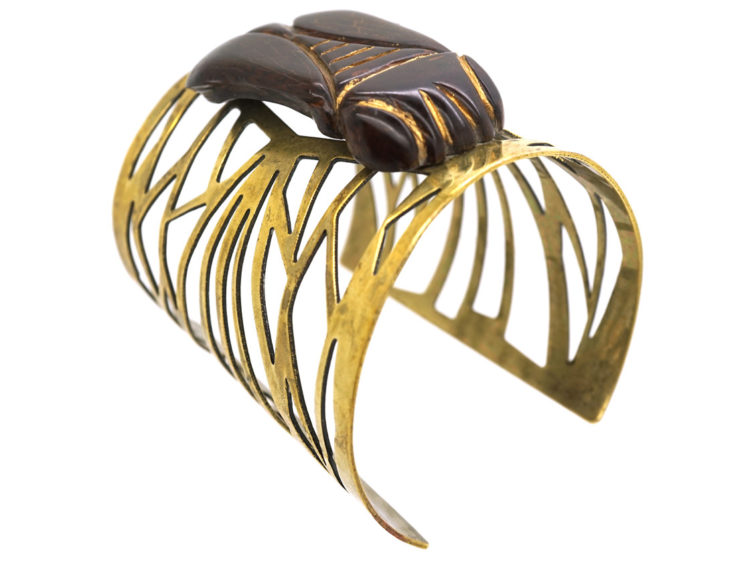 French Art Nouveau Base Metal & Carved Horn Bug Bangle