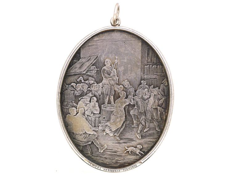 Oval Silver Pendant With Engraving of Kermesse Flamande (Flemish Feast) after Teniers