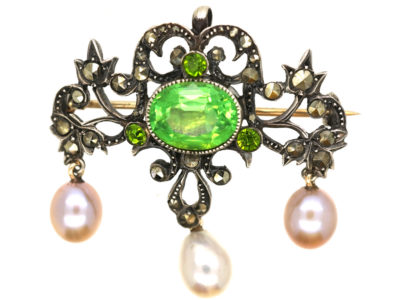 French Belle Epoque Silver, Marcasite & Green Paste Pendant / Brooch