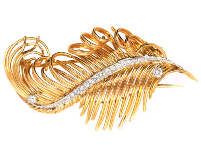 1950s 18ct Gold & Diamond Feather Brooch